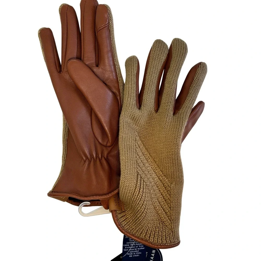 NEW Cole Haan Womens Leather & Wool‎ Knit Touchscreen Gloves Cognac Camel Small